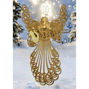 Vintage Gold Tone Angel Christmas Tree Ornament Filagree Harp Player Musician
